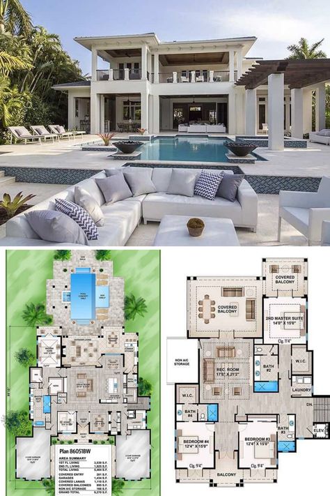 The luxurious house features a stylish outdoor living space set on the side of the swimming pool area. Find it in this 2 story southern Florida house plan with 4 bedrooms and 4.5+ bathrooms. See more of the modern and classy interior design of this tropical style home. View the full floor plan and get the blueprint at: https://www.architecturaldesigns.com/house-plans/spacious-tropical-house-plan-86051bw?cjevent=e24557a7830a11ea827804350a180511  #blueprint #floorplan #2story Florida Cottage, Private Resort, Florida House Plans, Modern House Floor Plans, Pool House Plans, House Plans Mansion, Mansion Floor Plan, 4 Bedroom House Plans, Villa Plan