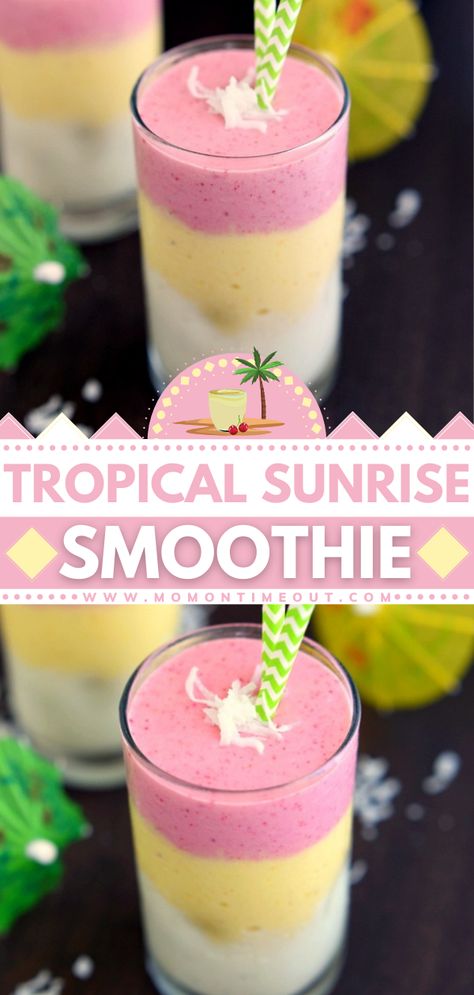 Tropical Sunrise Smoothie Layered Recipes, Sunrise Sunset Smoothie Tropical Smoothie, Sunrise Sunset Smoothie, Copycat Tropical Smoothie Recipes, Tropical Smoothie Bahama Mama, Tropical Breakfast Smoothie, Sunrise Smoothie, Mango And Strawberry, Protein Drink Recipes