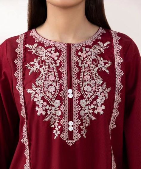 Round Neck Embroidery Designs, Neckline Embroidery Designs, Light Embroidery, Floral Embroidery Designs, Neck Embroidery Designs, Shirt With Embroidery, Maroon Fabric, Neckline Embroidery, Embroidery Fashion Detail