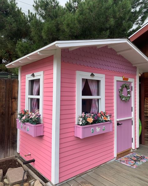 Pink Play House, Pink Dollhouse Exterior, Pink And Purple Playhouse, Pink Garden Shed, Cute Garden Shed Ideas, Pink She Shed, Pink Chicken Coop, Pink Shed, Pink Backyard