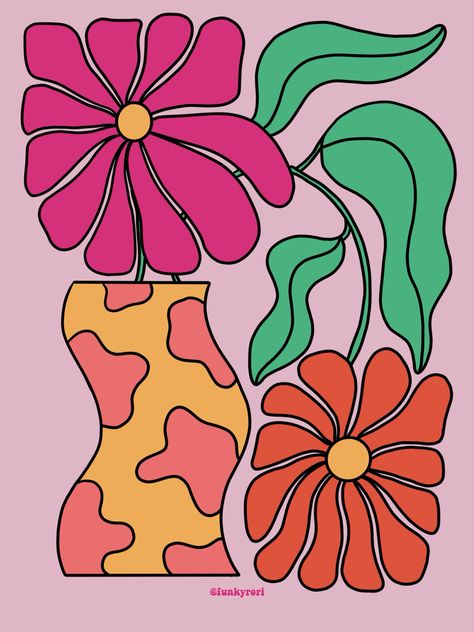 Digital illustration of two flowers on a vase. The flowers and vase are shaped in a certain way so they nearly fill up a whole rectangle. The vase’s sides are wavy and has cow print pattern in two shades of orange, one being brighter than the other. The flower on top is bright pink and the droopy one which has a green stem and leafs is orange. Background is light pink. Trippy Flowers Drawing, Funky Digital Art, Funky Flower Art, Funky Prints Art, Funky Flowers Drawing, Nike Workshop, Funky Canvas Painting Ideas, Trippy Flower Art, Trippy Flowers