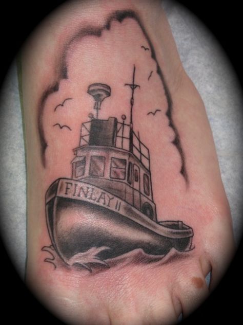 Foot tattoo of a Tugboat ⚓️ Tug Boat Tattoo, Tugboat Tattoo, Cool Nature Tattoos, Sea Chest, Nature Tattoo Ideas, Boat Tattoo, Interesting Tattoos, Sailor Tattoo, Cool Nature