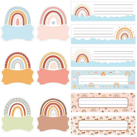 PRICES MAY VARY. Packing - You will get 96pcs(24 sheets) of boho rainbow name tags, 12 styles, each style has 8pcs; Different styles and sizes are suitable for applications on various occasions, to meet your use and replacement needs. Size - The rectangular rainbow name tag is about 9 x 30cm/3.5 x 11.8inch;The rainbow style name tag is about 9 x 9.5cm/3.5 x 3.7inch. Each sticker has enough writing space for you to add your name, number or other information on it. Materials - Made of good quality Desk Name Tags For Kids Free Printable, Preschool Cubby Name Tags Free Printable, Boho Rainbow Name Tags, Rainbow Name Tags, Free Printable Cubby Name Tags, Daycare Names, Craft Desk, Baby Shower Party Favors, Name Stickers