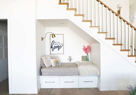 Have you ever wanted a reading nook? We love our new the under stairs nook so much.� The perfect place to curl up with a book or take a nap! #readingnook #bedunderstairs #understairsnook Under Stairs Reading Nook, Stairs Reading Nook, Under Staircase Ideas, Staircase In Living Room, Bed Under Stairs, Under Stairs Space, Under Stairs Storage Ideas, Under Stairs Nook, Stairs Storage Ideas