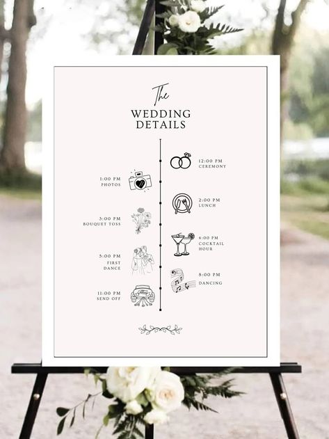 Schedule Sign Template, Printable Timeline With Wedding Day Icons, Instant Download, 100% Editable, Modern, Clean, Templett - Etsy Wedding Window, Bouquet Toss, Wedding 2024, Sign Templates, Cocktail Hour, First Dance, Wedding Signs, Template Printable, Wedding Details