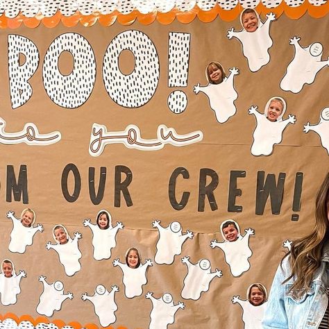 Alexandra Holden on Instagram: "BOO to you from our crew 👻 • • Thanks @atouchofclassteaching for the super cute bulletin board!! My kiddos love it🧡 (missing a few because they were absent // working on it) hehe   http://liketk.it/3q6do" Ghost Door Decs, Ghost Bulletin Board Preschool, Ghost Bulletin Board Ideas, Halloween Classroom Door Ghost, Boo From Our Crew Bulletin Board, Absent Work, Cute Bulletin Boards, Halloween Door, Working On It