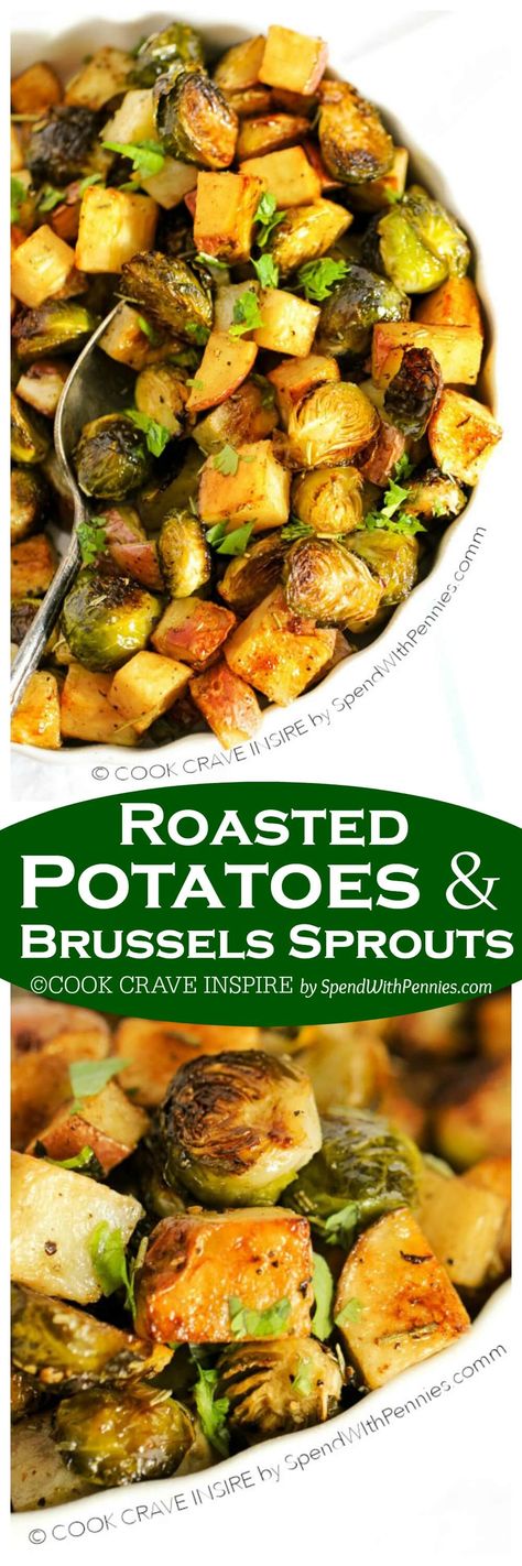 Roasted potatoes and brussels sprouts are easy to make & the perfect side dish idea. These contain rosemary & garlic powder but you can use you favorite seasonings! Roasted Potatoes And Brussel Sprouts, Potatoes And Brussel Sprouts, Oven Potatoes, Roasted Sprouts, Diy Easy Recipes, Spend With Pennies, Veggie Side Dishes, On The Menu, Vegetable Sides