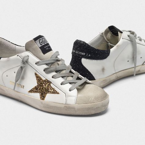 Sneakers Superstar sneakers with gold star and glittery black heel tab | Golden Goose Deluxe Brand Black Glitter Heels, Goose Sneakers, Golden Goose Sneakers, Glitter Heels, Golden Goose Deluxe Brand, Louis Vuitton Sandals, Black Heel, Louis Vuitton Boots, Star Sneakers