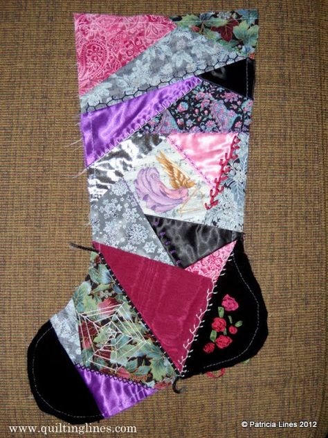 Quilting Lines: Crazy Quilted Stockings Beginnings Crazy Quilt Christmas Stocking Pattern, Quilt Christmas Stocking, Quilt Stocking, Quilting Lines, Quilted Items, Stocking Ideas, Crazy Quilts Patterns, Quilt Christmas, Art Sewing