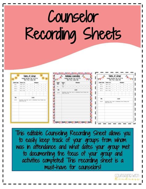 This editable counseling recording sheet allows you to keep organized while keeping track of your counseling sessions. Fun Templates, Individual Counseling, Group Activities, Keep Track, Teacher Store, Educational Resources, Teacher Pay Teachers, Small Groups, Counseling