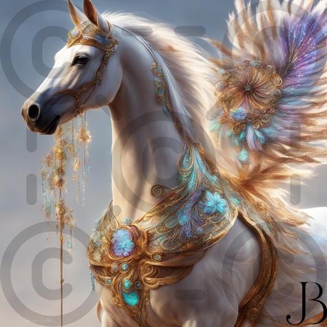 Regal Horse with Ornate Armor - Fantasy Equine Decor "This stunning depiction of a white horse clad in ornate, golden armor brings a sense of fantasy and elegance to life. The horse's majestic pose and detailed embellishments make it an enchanting piece that will transport viewers to a mythical world. A must-have for lovers of equestrian art and fantasy decor."