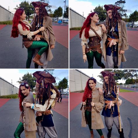 Pirate Mermaid Couple Costume, Pirates Of The Carribean Costume Couples, Pirates Of The Caribbean Halloween Costumes Couple, Pirate And Parrot Costume Couple, Jack Sparrow And Elizabeth Costumes, Disney Couple Costumes, Mermaid Cosplay, Disney Couples, Jack Sparrow