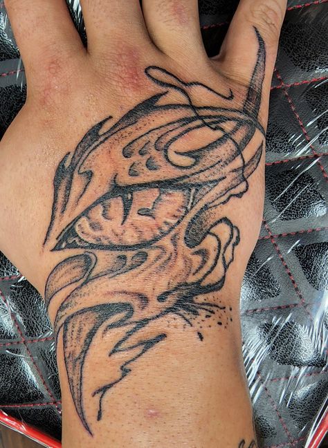 Abstract Dragon eye with horns and smoke hand tattoo Fantasy Hand Tattoo, Dragon Eye Tattoo, Eye Hand Tattoo, Dragon Hand Tattoo, Claw Tattoo, Thumb Tattoos, Free Hand Tattoo, Butterfly Eyes, Dragon Claw