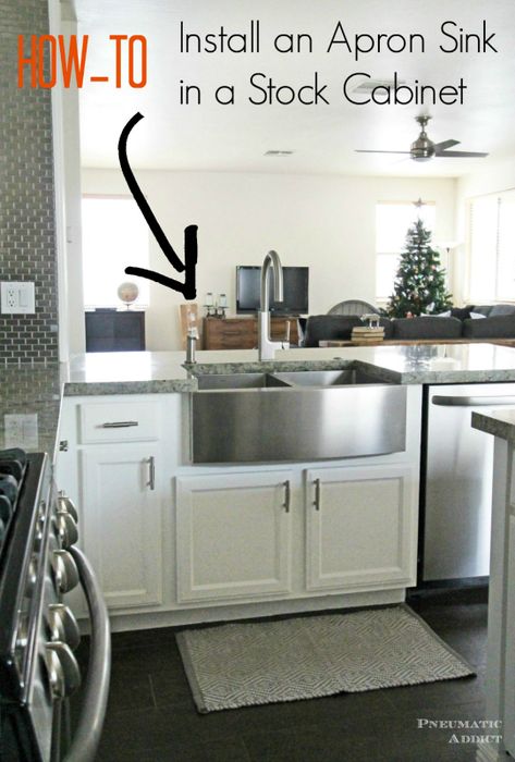 Learn how to modify a cabinet to accomidate an apron front sink Diy Kitchen Sink Cabinet, Stainless Steel Apron Front Sink, Stainless Apron Sink, Stainless Steel Apron Sink, Stock Cabinet, Apron Kitchen Sink, Farmers Sink, Farmhouse Sink Installation, Kitchen Sink Cabinet