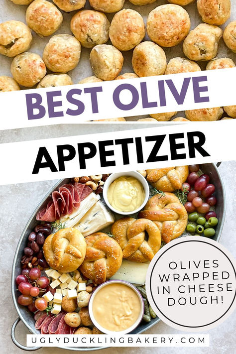 there are two images. The top image has baked green olives wrapped in cheese dough in a pan. The bottom image is a charcuterie board with pretzels, mustard, cheeses, meats, and olive poppers. The title says Best Olive Appetizer. Olives wrapped in cheese dough. The website ugly duckling bakery dot com is at the bottom. Baked Olives Appetizer, Pimento Olives, Olive Appetizers, Olive Recipes Appetizers, Recipes For Snacks, Cheese Dough, Baked Olives, Olive Appetizer, One Bite Appetizers