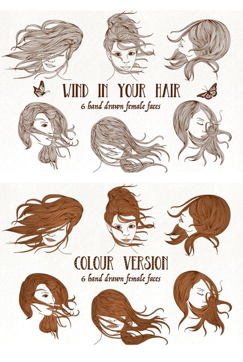 Wind in Your Hair - Hand drawn Girls' Faces Vector Illustration - Drawing Female Hair How To Draw Hair Blowing In The Wind, Hair Waving In The Wind Drawing, Hair Blown By Wind Drawing, Wind Hair Drawing, Blowing Hair Drawing Reference, Windy Hair Drawing Reference, Wind Blown Hair Drawing Reference, Wind Blown Hair Drawing, Windy Hair Reference