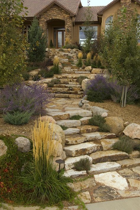 Mountain Landscape Design, Stone Paths, French Gardens, Landscape Stairs, Rustic Landscaping, Landscape Steps, Landscape Design Ideas, Property Ideas, Rustic Landscape