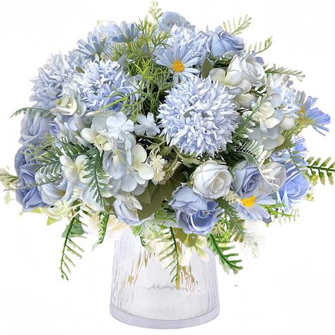 PRICES MAY VARY. 🌸Blue Artificial Flowers🌸There are 4 bunches in package. Each blue flowers bouquet has 7 branches, in total 1 artificial chrysanthemum ball, 4 roses, daisy flowers and some tropical fern leaves that will be full-looking after simple arrangement. 🌷Safety Material🌷 The blue fake flowers are made of high-quality silk cloth, safe and harmless. Size:32cm/12.6in. The branches are made of plastic material, and they contain flexible iron wires, which easily split or shape bouquets i Blue Flowers Bouquet, Silk Peonies, Hydrangea Arrangements, Silk Hydrangeas, Faux Floral Arrangement, Blue Bouquet, Wedding Vases, Luxury Flowers, Home Decor Vases