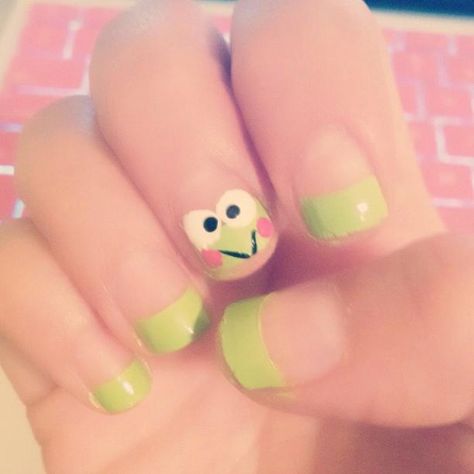 Keroppi Sanrio Nail Art Short, Short Sanrio Nails, Sanrio Nails Short, Keroppi Nails, Hello Kitty Nails Short, Froggy Nails, Nails Hello Kitty, Quinceanera Nails, Kitty Nails