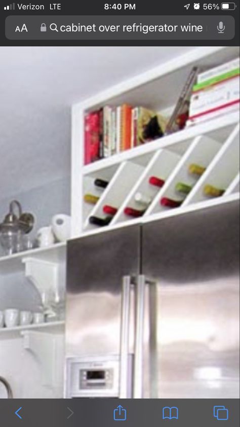 Above refrigerator ideas Open Storage Above Fridge, Wine Storage Above Fridge, Storage Around Fridge, Wine Rack Above Refrigerator, Above Refrigerator Ideas, Above Fridge Ideas, Storage Above Fridge, Above Refrigerator, Over The Fridge