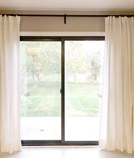 Curtains For Sliding Patio Door High Ceiling, Sliding Door With Windows On The Side, Curtains Above Sliding Glass Door, Curtains Living Room Sliding Door, Sliding Glass Door Curtain Ideas, Slider Door Curtains, Curtains For Sliding Patio Door, Creative Curtain Ideas, Window Makeover