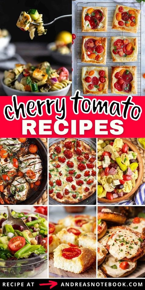 collage of recipes with cherry tomatoes. Recipes With Fresh Cherry Tomatoes, Cherrie Tomato Recipes, Mini Tomatoes Recipes, Recipes Using Frozen Cherry Tomatoes, Baked Cherry Tomato Recipes, Using Cherry Tomatoes, Angel Sweet Tomatoes Recipes, Cherry Tomato Appetizer Recipes, What To Do With A Lot Of Cherry Tomatoes