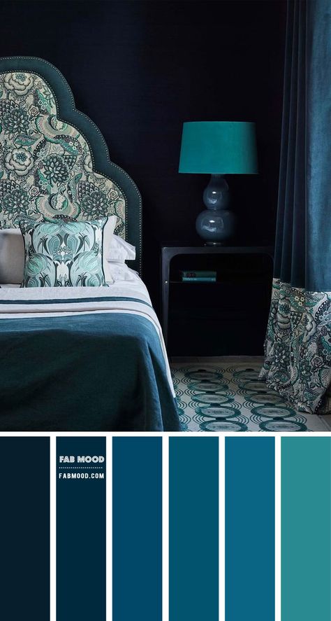 Don’t be afraid to rock that dark color on your bedroom walls. I think dark bedrooms are cosy, alluring and restful, don’t you think? This gorgeous bedroom in deep blue... Dark Blue And Teal Bedroom, Deep Blue Walls Bedroom, Ocean Blue Bedroom Walls, Deep Blue Bedroom Decor, Deep Teal Bedroom Ideas, Teal And Gold Bedroom Decor, Teal And Navy Bedroom Ideas, Black And Blue Bedroom Decor, Deep Ocean Bedroom