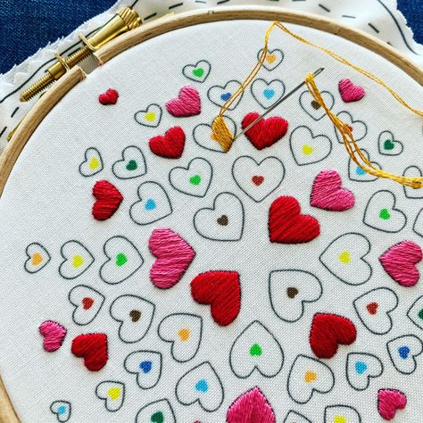 “Beautiful things come together one stitch at a time!”💖💛(Note that Hearts kit is available as both a full kit and a fabric only option.)  #heartsembroidery #embroiderykit #embroidery #handembroidery #printedfabric #embroideryfabric #craftkit #embroideredhearts #heart #hearts #onestitchatatime #bordado #wipshot #satinstitch #needlecraft #etsy #etsyuk #theembroiderycart #handmade #lovehearts #colorful #embroideryart #stitchingistherapy #modernembroidery #diyembroidery #diycrafts #beginnerembroid Embroidery Heart Pattern, Patterns For Quilts, Stitching Diy, Modern Embroidery Kit, Embroidery Hoop Art Diy, Beginner Embroidery, Beginner Embroidery Kit, Embroidery Hearts, Diy Embroidery Kit