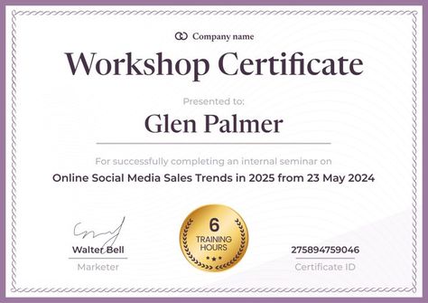 Mark every business training achievement with a touch of the violet workshop certificate template. With Certifier, unleash the power of customization: add logos, insert QR codes for added authenticity, or highlight specific achievements with tailored wording. Choose between portrait and landscape, making every certificate a perfect match for your workshop’s vibe. Ready to start? Try out Certifier’s user-friendly platform, where editing and sending digital certificates is done in a few click. Training Certificate, Digital Certificate, Certificate Of Completion, Business Training, Certificate Templates, Qr Codes, Milestones, Perfect Match, Violet