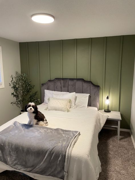 Mossy Green Accent Wall, Green Wood Slat Wall, Green Slat Wall, Wood Slat Accent Wall, Slat Accent Wall, Pvc Wall Panels Designs, Boys Bedroom Green, Green Bedroom Paint, Wood Walls Bedroom