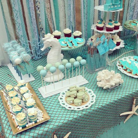 Elena's Sweet 16  | CatchMyParty.com Sea Birthday Party Ideas, Ocean Baby Showers, Sea Party Ideas, Under The Sea Birthday Party, Sweet 16 Themes, Ocean Theme Party, Sea Baby Shower, Under The Sea Birthday, Mermaid Theme Party