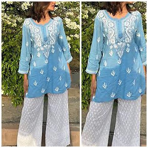 Fabric details:
Kurti  – Supreme Quality Modal With Heavy Chikan Embroidery ( Stitched )
Pants  – White Cotton (Stitched – Free Size) Chikankari Kurta With Palazzo, Blue Chikankari Kurta, Aesthetic Kurta, Chikankari Outfits, Stitched Pants, Chikan Embroidery, Kurta With Palazzo, Chikankari Kurta, Pants White