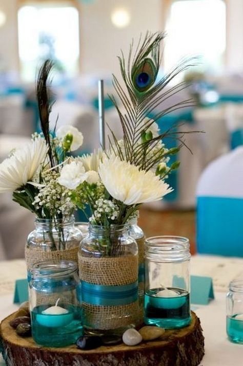 Rustic Peacock Wedding Centrepieces / http://www.himisspuff.com/rustic-wedding-centerpiece-ideas/19/ Italian Reception, Peacock Wedding Centerpieces, Spring Wedding Centerpieces, Kim Wedding, Wedding Touches, Cake Rustic, Shell Wedding, Peacock Party, Peacock Wedding Theme