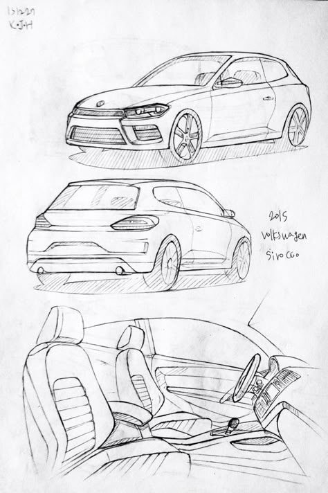 Car drawing 151227. 2015 Volkswagen Sirocco. Prisma on paper. Kim.J.H Car From Behind Drawing, Back Of Car Drawing, Car Drawing Sketches, Back Drawing, Human Figure Sketches, Window Drawing, Perspective Drawing Lessons, Car Drawing, Cute Blue Wallpaper