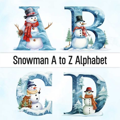 Letters Watercolor, Snowman Printable, Dinosaur Alphabet, Printable Snowman, Snowman Png, Snowman Clipart, Doodle Alphabet, Winter Clipart, Alphabet Fonts