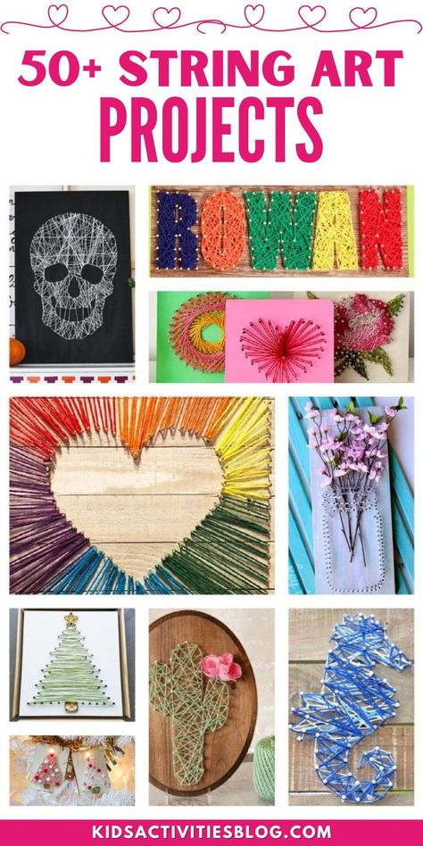 These 50+ string art projects for kids are perfect for beginners or kid artists looking for a new string art designs. We have scoured the internet and found the best easy string art ideas for kids of all ages. These favorite simple string art patterns are great for home or in the art classroom. Easy Fiber Art Projects, Yarn And Nail Art, String Art Patterns Templates Printable Free, Weaving Projects Beginners, Easy String Art Patterns, String Art Patterns Free Printable, String Art For Kids, High School Crafts, Bird String Art