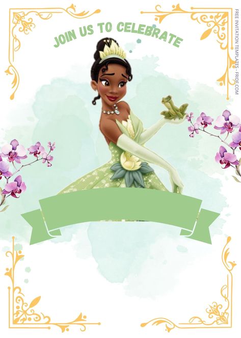 Princess And The Frog Invitations, Princess And The Frog Birthday, Princess Tiana Party, Princess Tiana Birthday Party, Aaliyah Birthday, Tiana Birthday Party, Disney Tiana, Frog Birthday, Tiana And Naveen