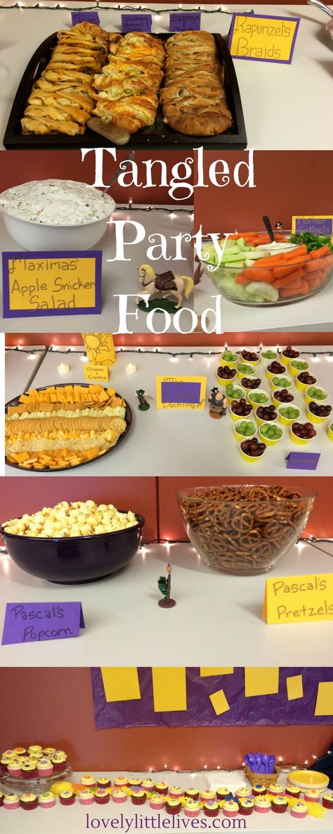 Tangled Birthday Food Ideas, Tangled Birthday Party Games, Tangled Inspired Food, Rapunzel Themed Food, Tangled Food Ideas, Tangled Party Food, Rapunzel Party Food, Birthday Party Foods, Snickers Salad