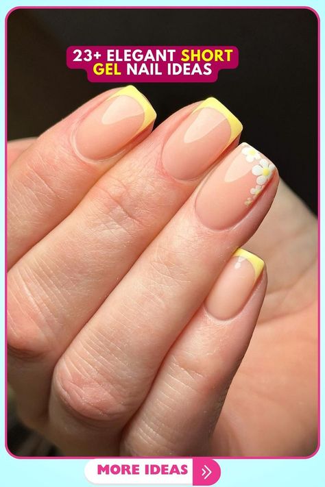 Short gel nails with vibrant yellow French tips and floral accents. The design features a glossy finish, suitable for spring or summer outings, adding a cheerful touch to any look. Summer Gel Nails Ideas Short French Tip, Yellow Manicure Ideas, Yellow Gel Nail Designs, Gel Short Nails, Yellow French Nails, Yellow French Tip Nails, Yellow French Tip, Nail Art French, Acrylic Nails Yellow