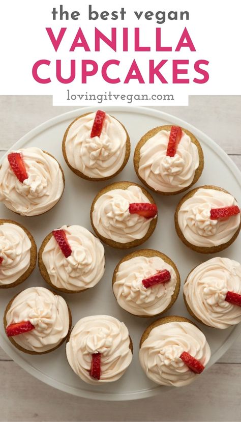 Gorgeously light and fluffy vegan vanilla cupcakes topped with creamy strawberry vanilla frosting. Perfect little packages of yum! Dairy Free Cupcakes, Vegan Vanilla Cupcakes, Vegan Chocolate Cupcakes, Vegan Frosting, Dessert Cakes, Sugar Free Sweets, Vegan Cake Recipes, Vegan Cupcakes, Allergy Friendly Recipes