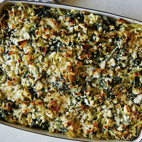 Spinach and Feta Noodle Kugel by Food Network Kitchen Noodle Kugel Recipe, Hanukkah Food, Vegetarian Sides, Spinach And Feta, Jewish Recipes, Mixed Greens, Noodle Recipes, Kitchen Food, Food Network