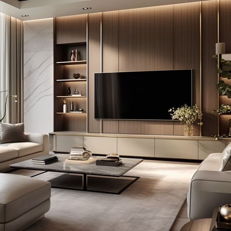 Wall Mounted Tv Design, Tv Wall Contemporary Design, Tv Unit Design Luxury Tv Walls, Modern Chic Living Room Luxury, Tv Wall Design Contemporary, Living Room Flat Ideas, Contemporary Living Room Tv Wall, 2024 Tv Wall Design, Living Hall Design Modern