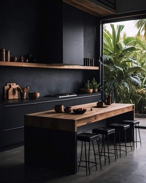 Mansion Villa, Modern Black Kitchen, Tropical Luxury, Villa Bali, Bali Villa, Industrial Style Kitchen, Sleek Kitchen, Contemporary Kitchen Design, Kitchen Inspiration Design