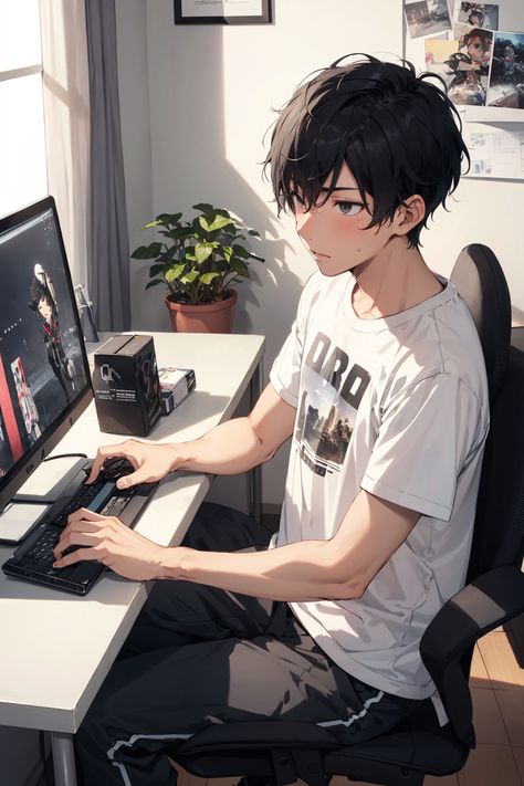 Gamer Boy Drawing, Anime Gamer Boy, Anime Sweet Couple, White Hair Anime Guy, Mpreg Anime, Anime Picture Hd, Gamers Anime, Animation Artwork, Cool Anime Guys