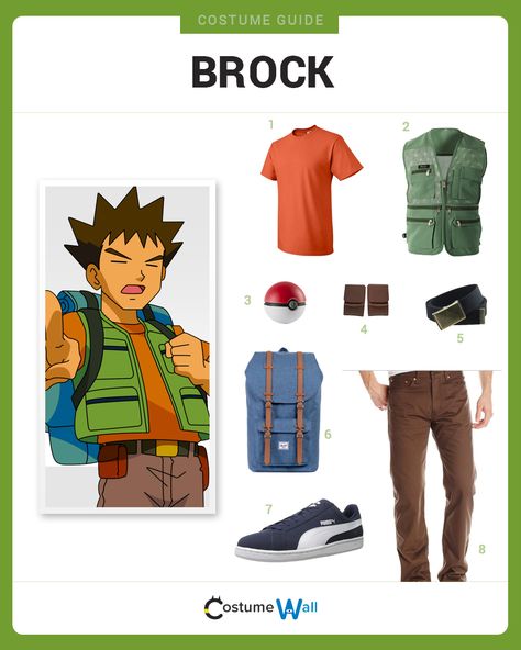 Dress like Brock from the popular TV show and video game, Pokemon. Get cosplay inspiration and more Brock costume ideas. Misty And Brock Costume, Family Costume Pokemon, Misty Pokemon Costume Diy, Brock Pokemon Costume, Bulbasaur Costume, Cool Halloween Costume Ideas, Pokemon Trainer Costume, Casual Halloween Costumes, Couple's Costume