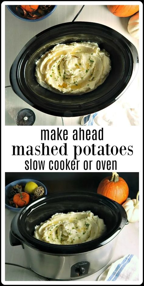 Make-Ahead Slow Cooker or Oven Mashed Potatoes - Frugal Hausfrau Oven Mashed Potatoes, Mashed Potatoes Slow Cooker, Potatoes Slow Cooker, Reheat Mashed Potatoes, Mashed Potatoes Thanksgiving, Make Ahead Mashed Potatoes, Crockpot Mashed Potatoes, Crock Pot Potatoes, Making Mashed Potatoes