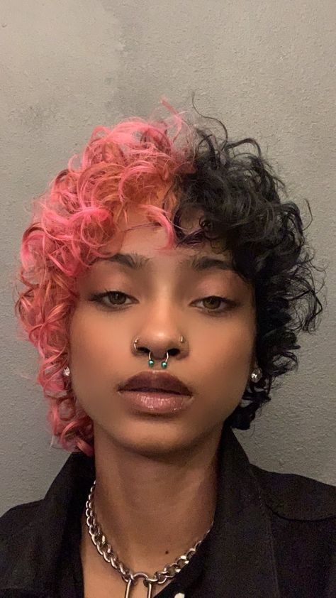 Very Short Hairstyle Women Curly Hair, Short Curly Coloured Hair, Short Curly Dyed Hair Black Women, Hair Color Ideas Short Curly Hair, Black Enby Hairstyles, Short Curly Colorful Hair, Perm Mohawk, Black Woman Dyed Hair, Short Dyed Curly Hair