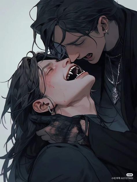 Vampire Lovers Art, Vampire Feeding Art, Male Vampire Reference, Romantic Goth Couple, Fangs Drawing References, Biting Pose Reference, Goth Pfp Male, Vampire Bite Reference, Anime Vampire Aesthetic