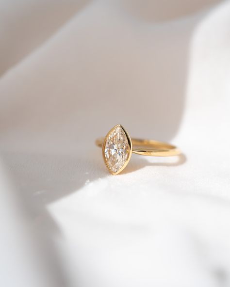 One of those customs that turned out just absolutely perfect. 18k yellow gold around this gorgeous big marquise lab diamond. I mean…… #engaged #customring #proposal Bezel Engagement Ring White Gold, Bezel Marquise Ring, Marquise Bezel Engagement Ring, Marquise Gold Engagement Ring, Marquise Bezel Ring, Bezel Marquise Engagement Ring, Marquise Diamond Ring Settings, Marquise Engagement Ring Gold, Marquis Engagement Rings