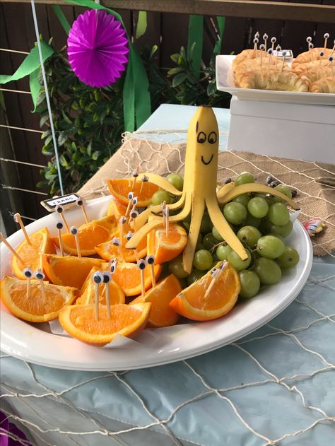 Octopus Birthday Party Food Ideas, Octopus Shaped Food, Crab Shaped Food, Octopus Party Decorations, Squid Birthday Party, Crab Themed Party, Kraken Birthday Party, Crab Birthday Party Ideas, Ocean Party Food